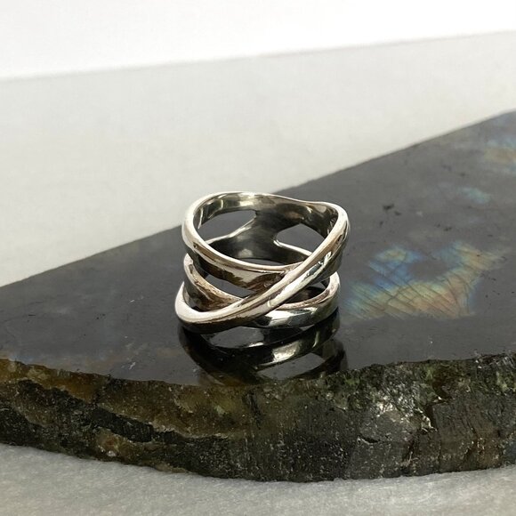 Sterling Silver 925 Asymmetric Criss Cross Lines Saturn Band Ring Sz 7 - Picture 6 of 16